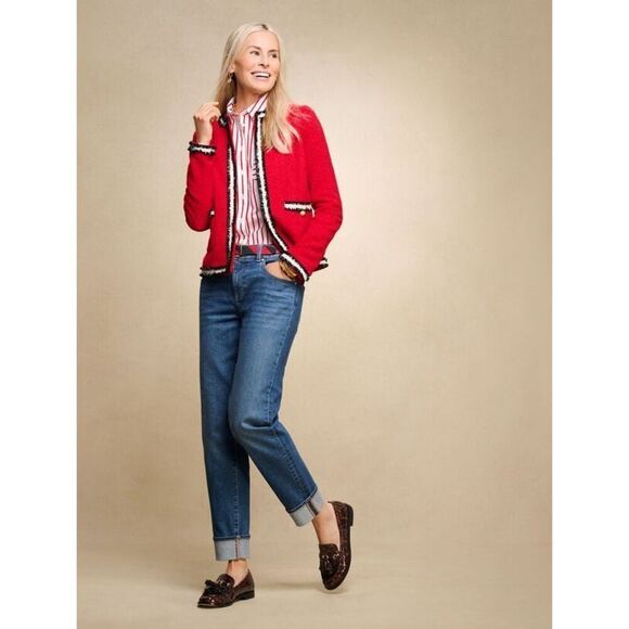 Talbots FRINGE STRIPE TWEED JACKET size 8 Petite Red Preppy - Picture 3 of 13